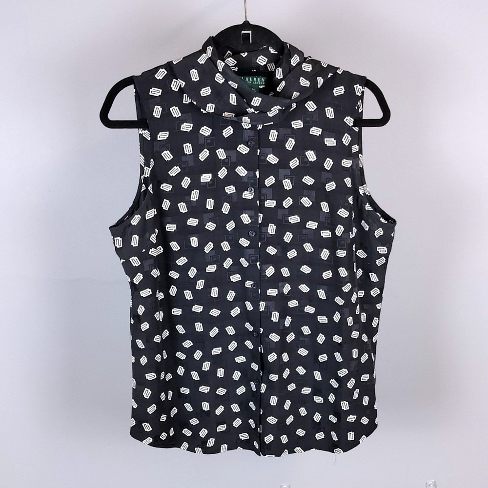Ralph Lauren LRL Silk Sleeveless Blouse Tank Top Geometric Womens Navy White - Picture 8 of 10